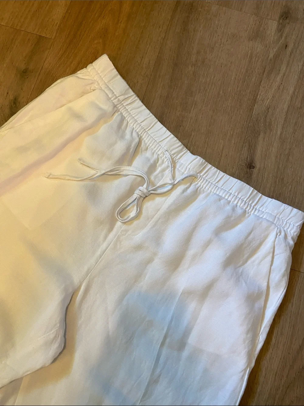 H&M Wide Leg Linen Blend Pull-On Pants Size L White Pockets Coastal Grandma EUC